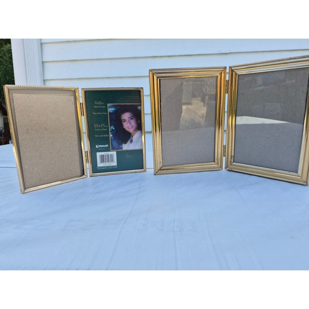 Vintage Intercraft Gold Metal Folding Double Picture Frames Set of 2 Beaded Edge